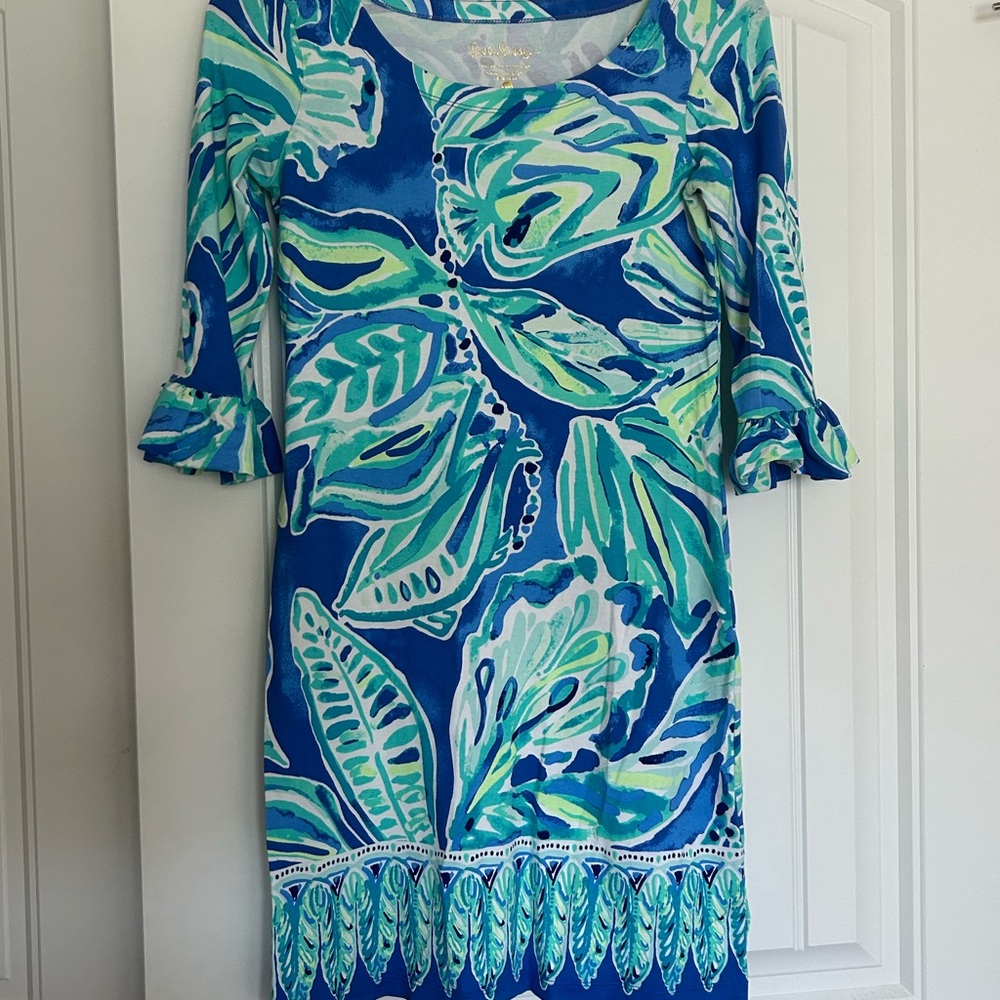 Vibrant Blue and Green Leaf Print Dress
